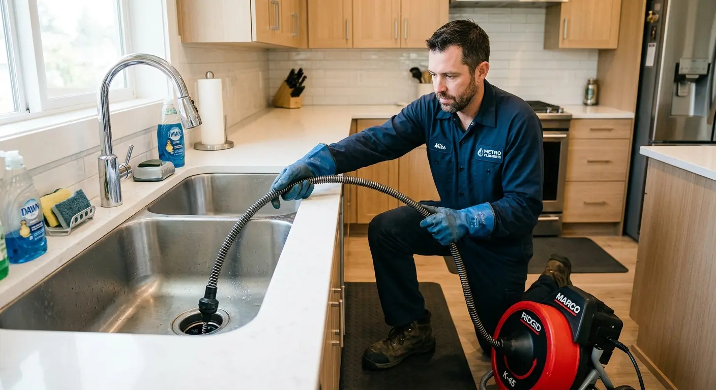 Drain cleaning technician using a motorized snake on a kitchen sink in Stuttgart