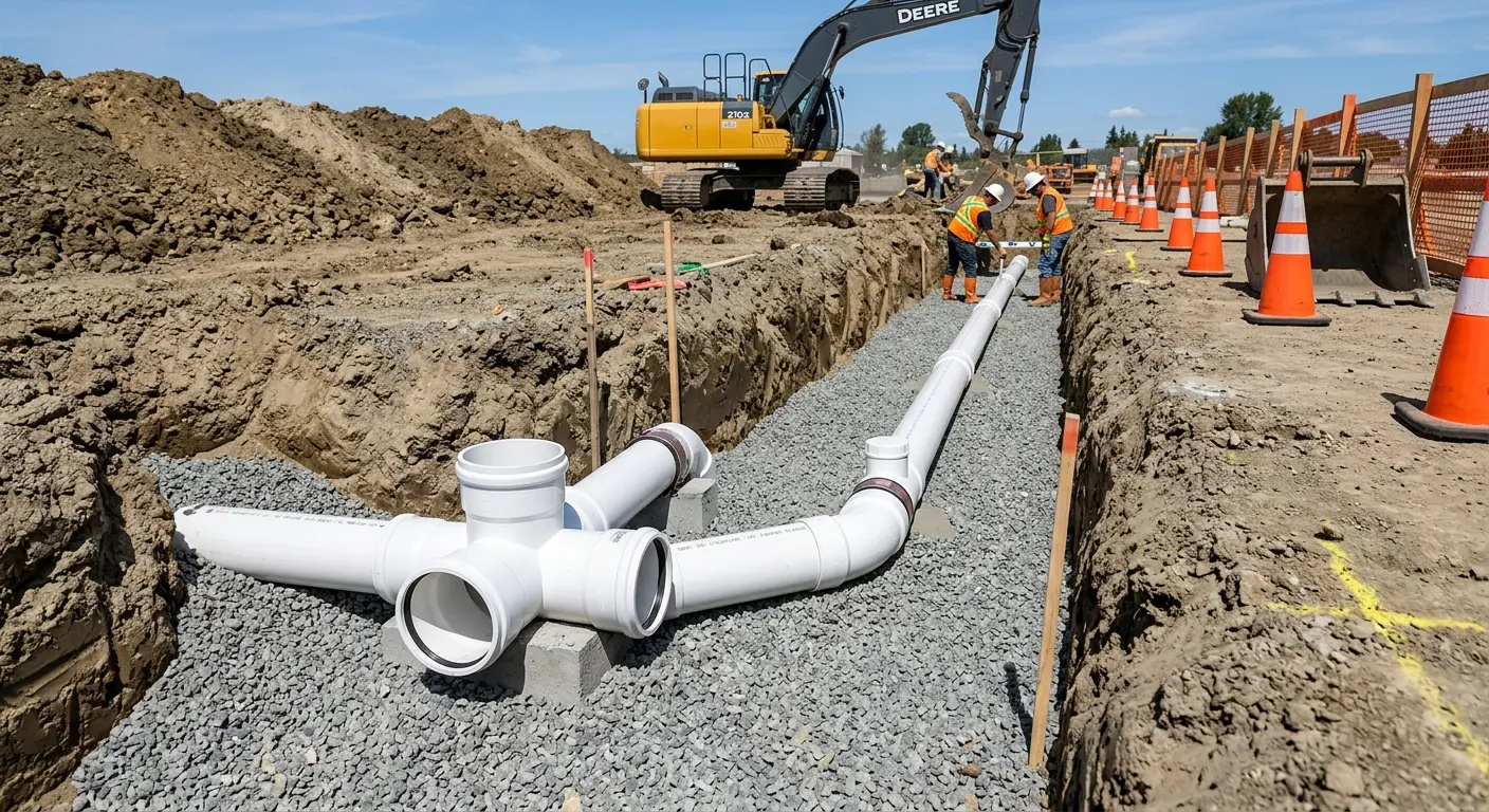 New PVC sewer pipe installation in open trench for Sewer Camera Inspection in Stuttgart