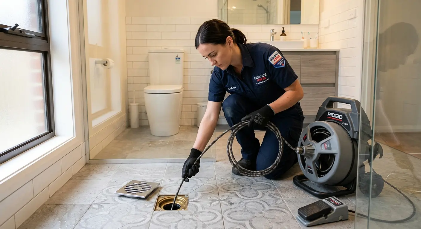 Technician clearing a bathroom floor drain for Sewer Line Installation in Stuttgart